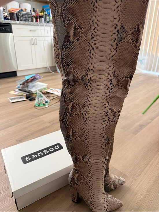BAMBOO Shoes - BAMBOO Taupe Snake-Print Thigh-High Boots